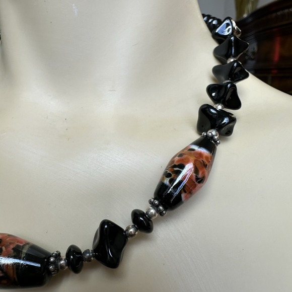 Vintage Artisan Beaded Necklace 18 Inch Black Onyx Art Glass 925 Sterling 60.8g - Picture 4 of 13